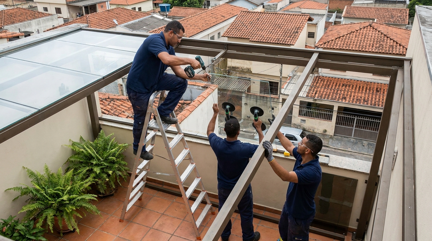 Cobertura de vidro em terraço com telhados em Piracicaba-SP