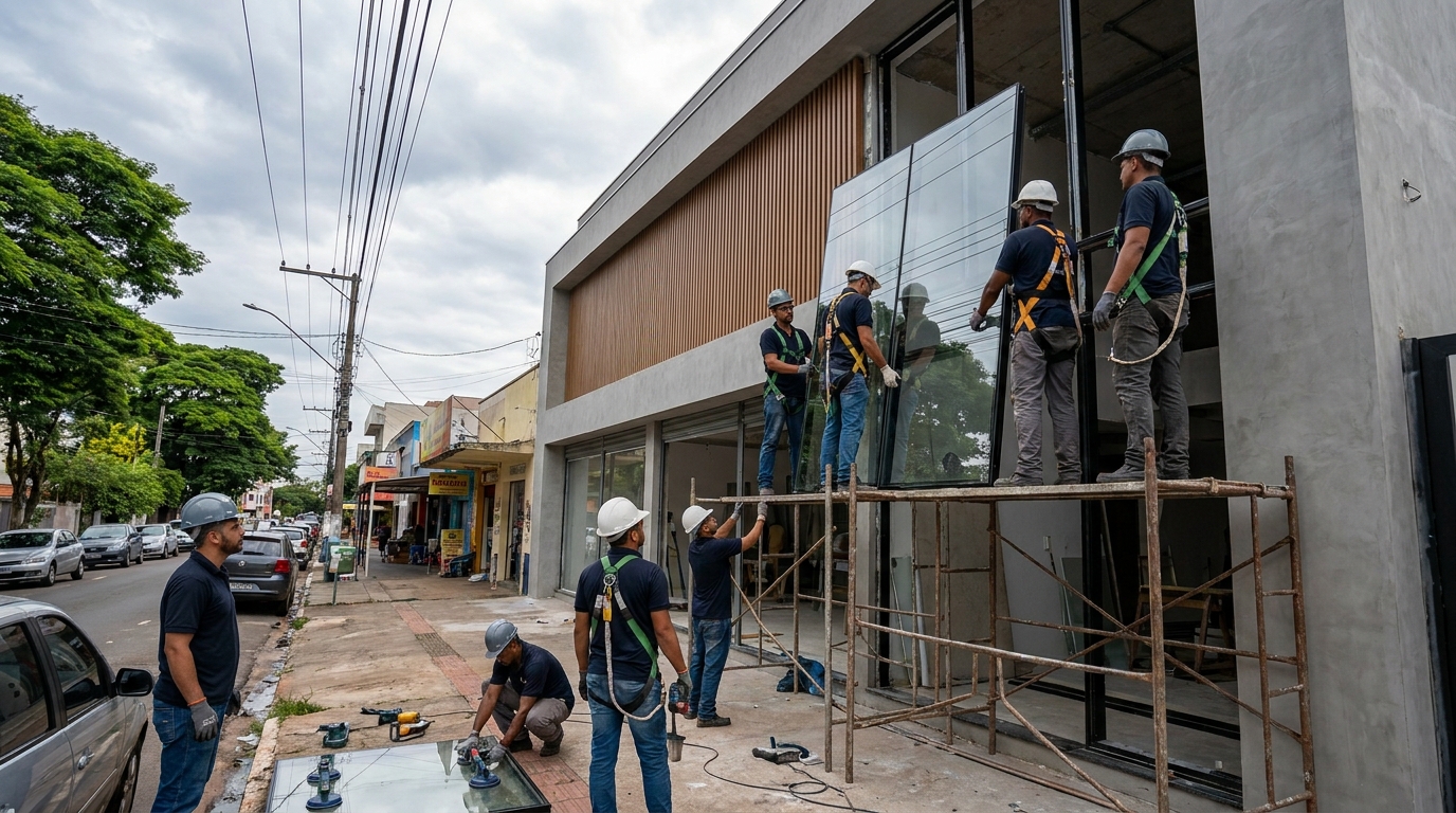 Fachada de vidro com andaime lateral em Piracicaba-SP