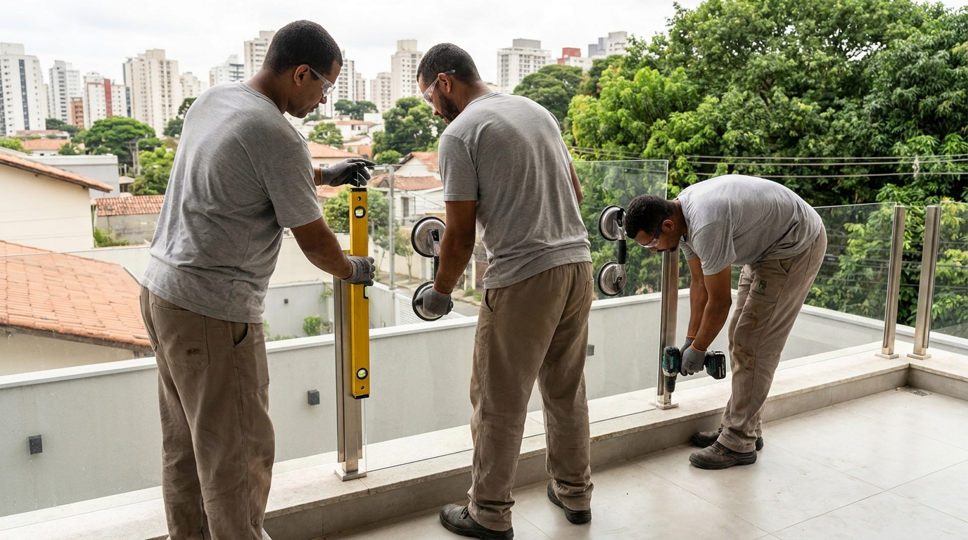 Guarda-corpo em terraço alto com vista cidade em Piracicaba-SP