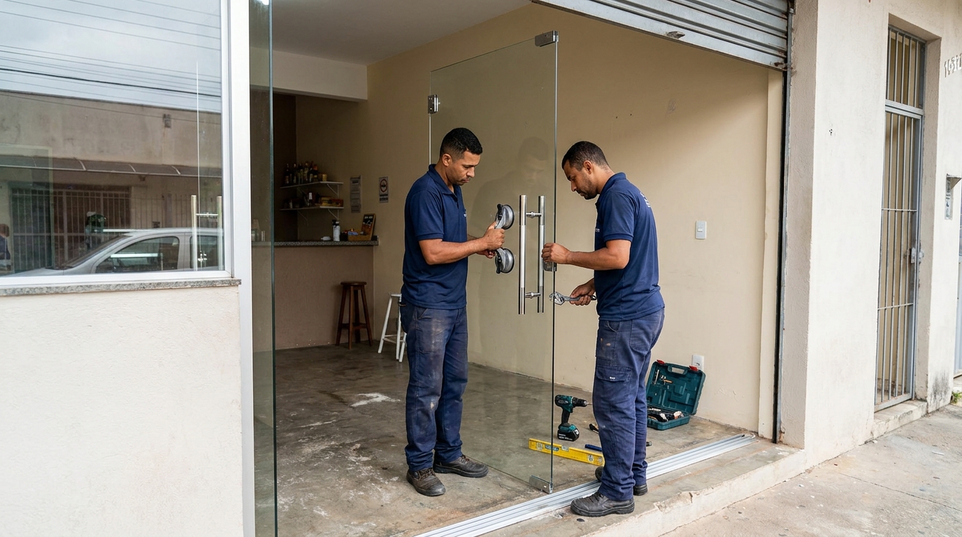 Dupla instalando porta de vidro em loja em Piracicaba-SP