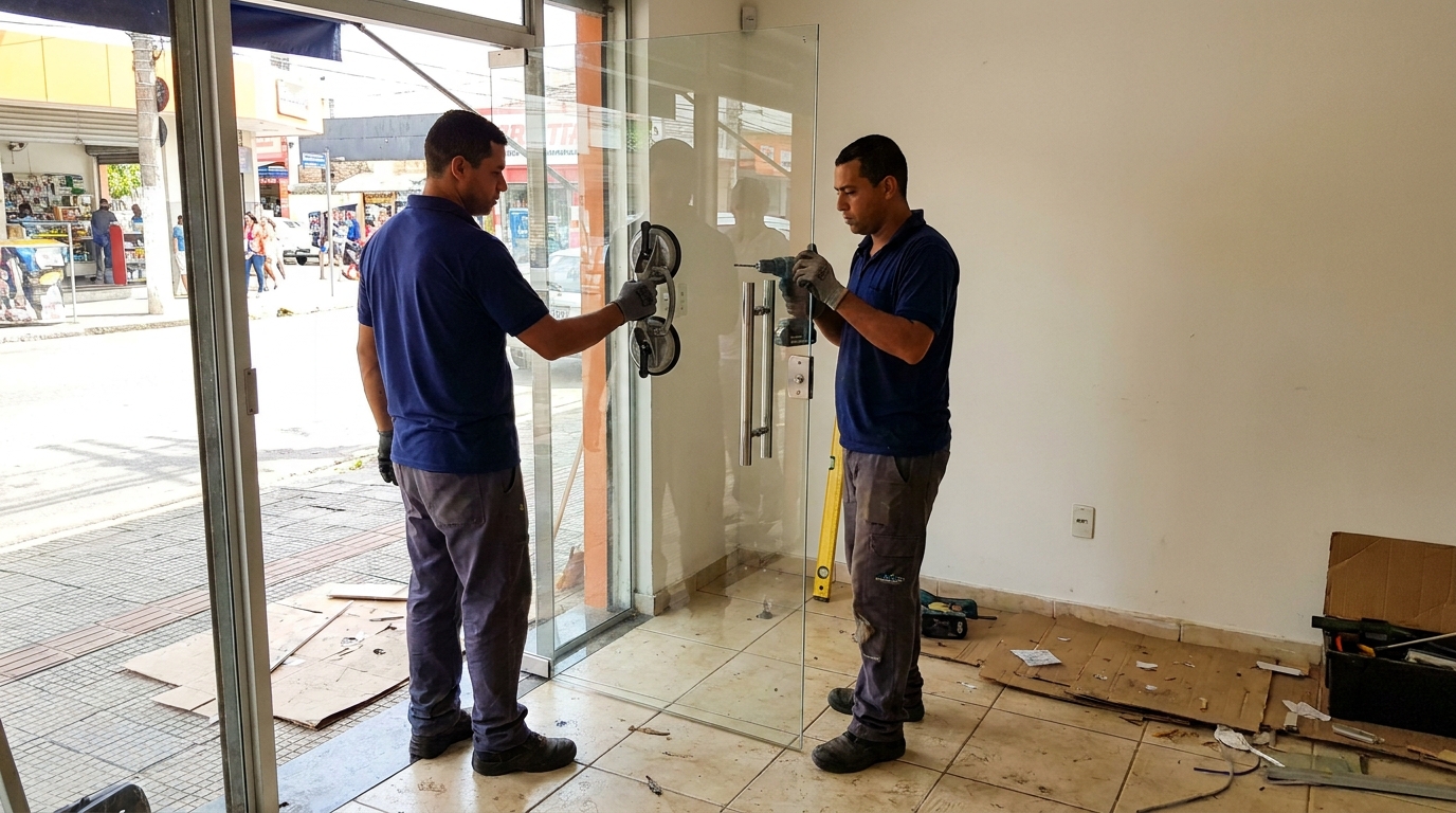 Porta de vidro de loja em rua movimentada em Piracicaba-SP